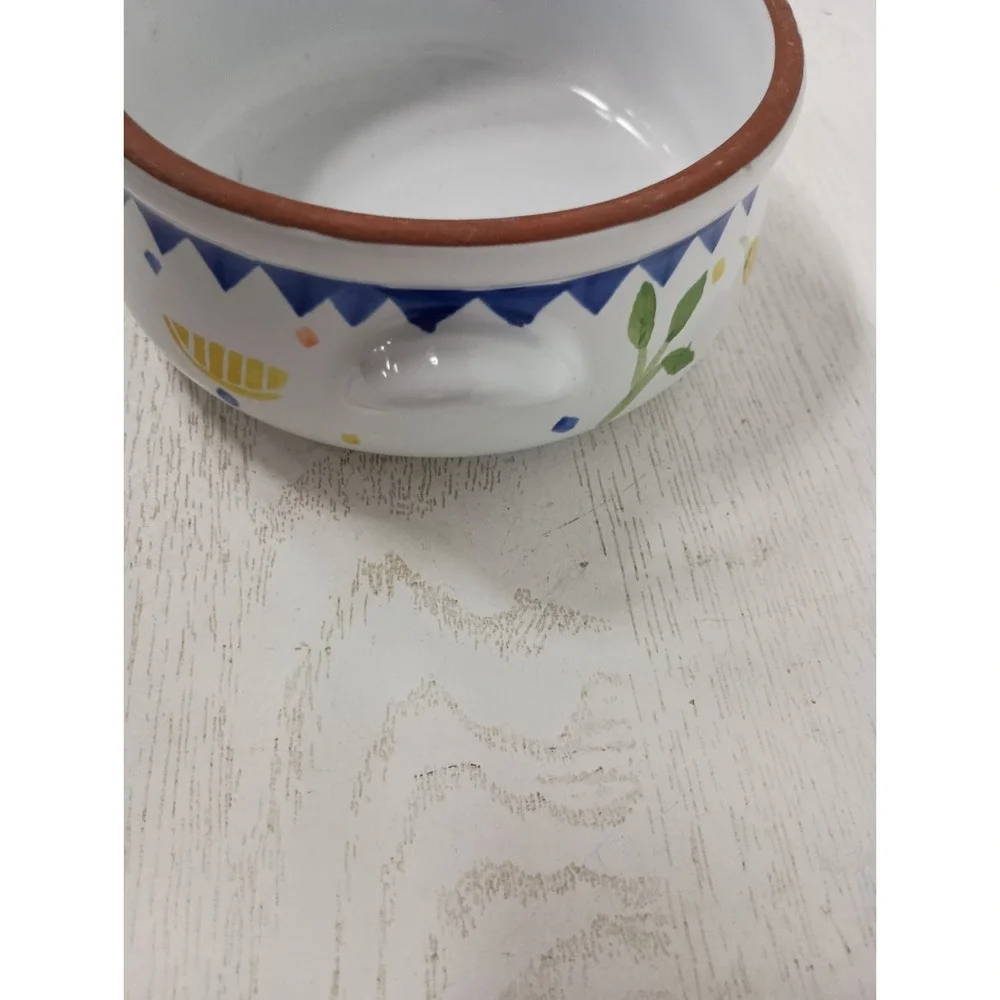 Vintage Terracotta Salsa Bowl Southwest Hand Painted Round With Handles